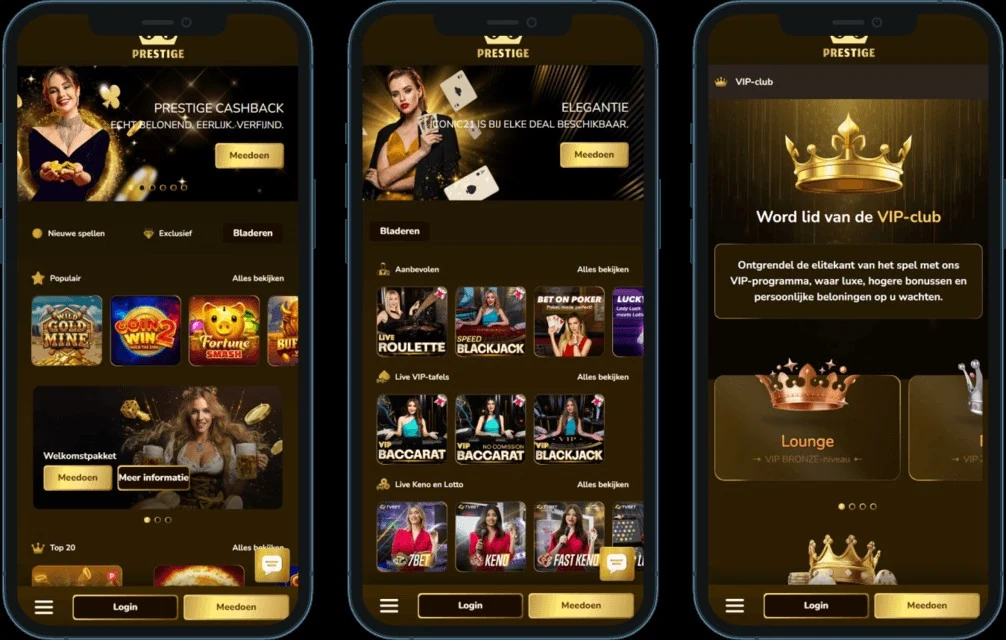 Casino Prestige op mobiel: lobby, live tafels en VIP-club